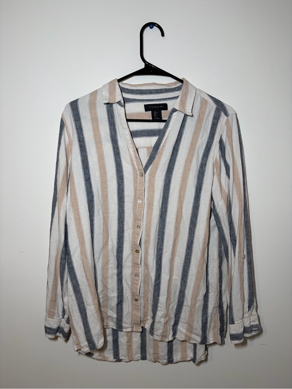 Tahari Beige, White & Navy Vertical Stripe Button-Down Shirt
